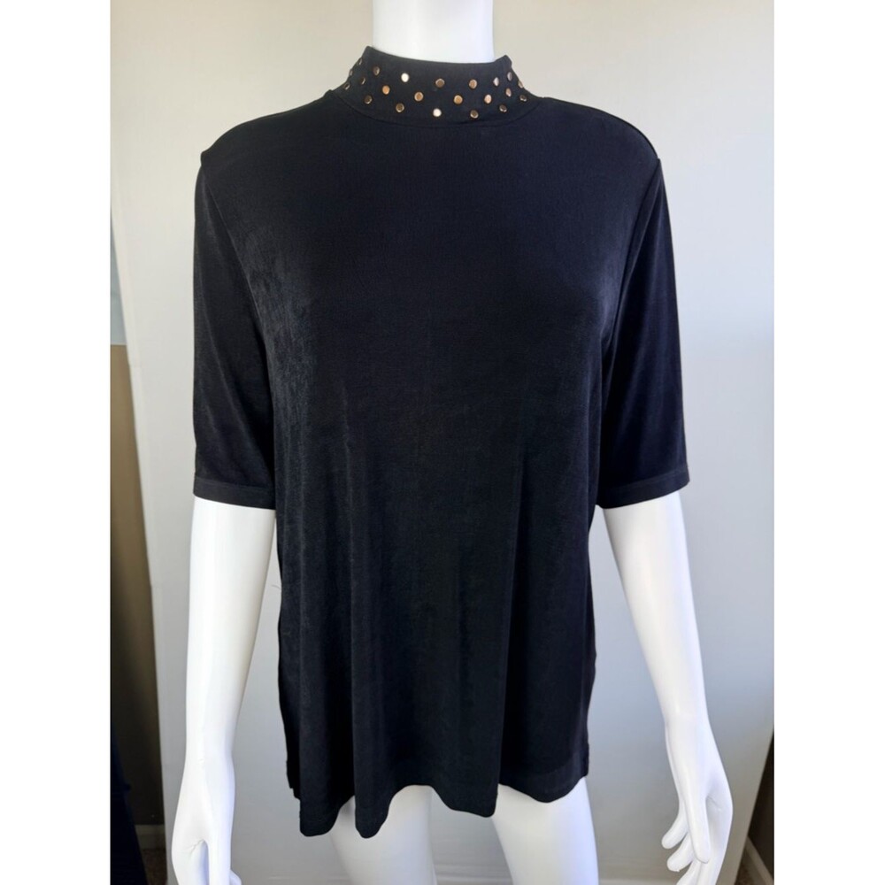 Chico's Travelers Black Studded Mock Neck Top XL Size 3 Travel Knit